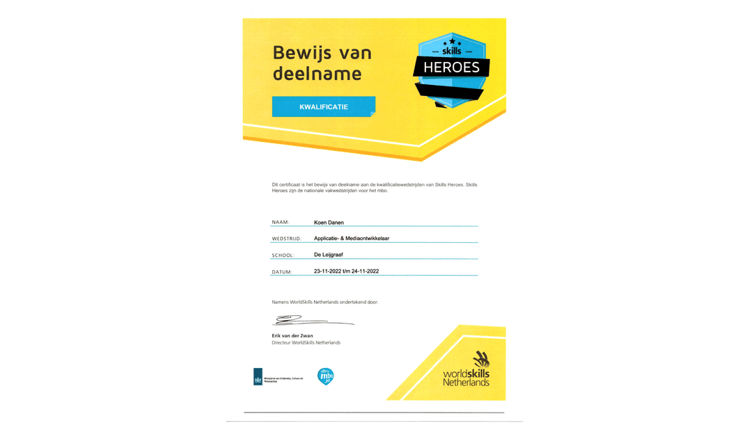 Foto van mijn skills certificaat